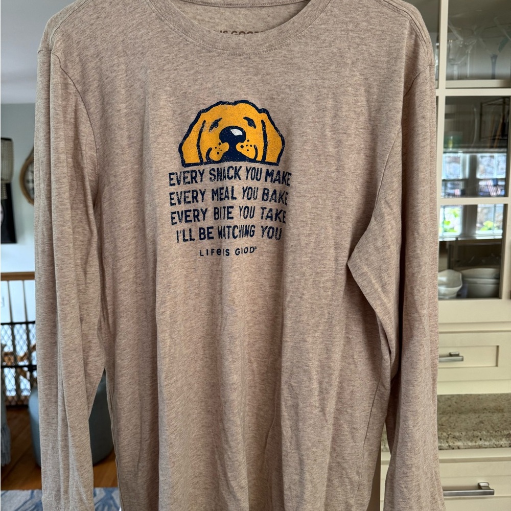 Life Is Good beige Long Sleeve Tee with Cartoon Dog Graphic